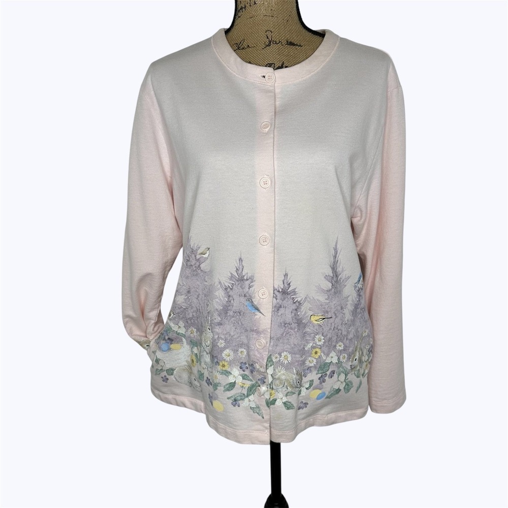 Artisans Cardigan Pink Button Up Bunny Bird Floral Grandma Spring Easter Sz L